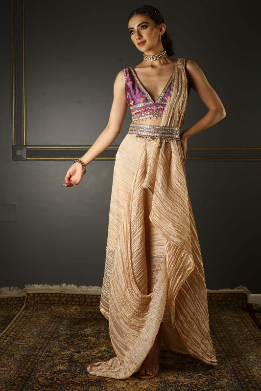 Women's Onion Pink Embroidered Dhoti Draped Set