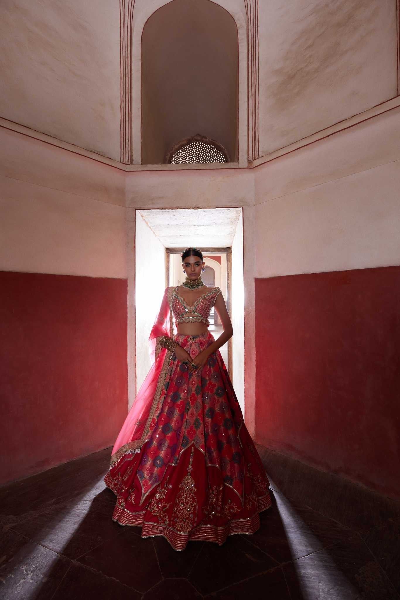 Women's Coral Woven Banarsi Jharoka Lehenga