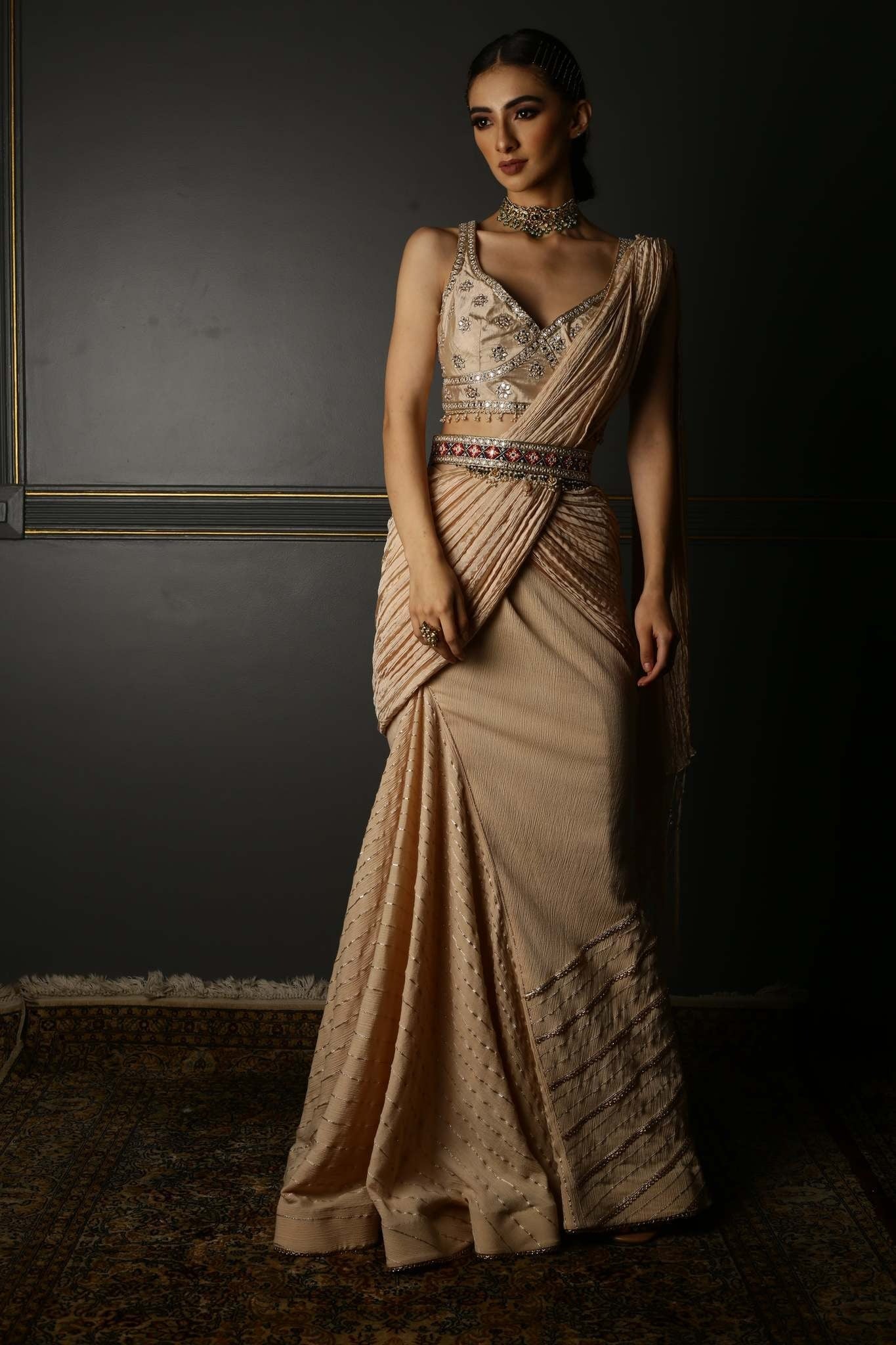 Beige Embroidered Asymmetric Draped Saree