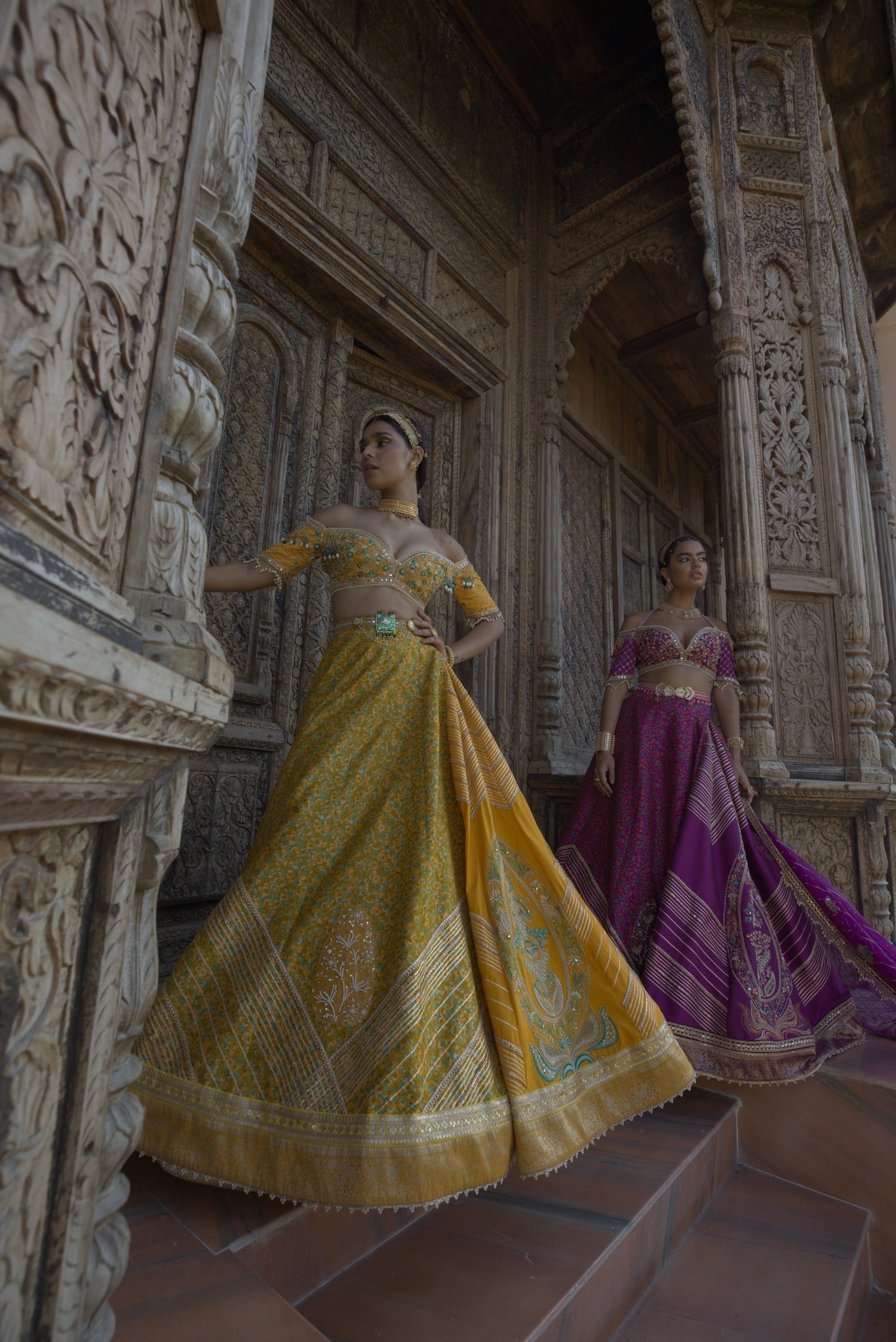  Women's Yellow Embroidered Jamawar Lehenga
