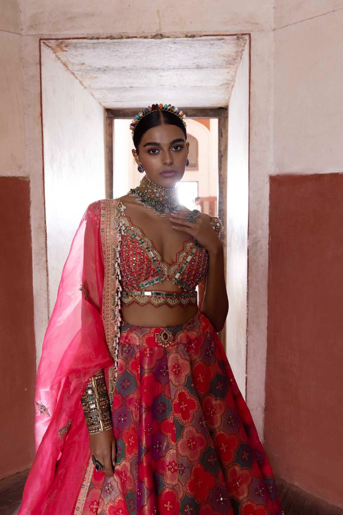 Women's Coral Woven Banarsi Jharoka Lehenga