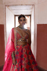 Women's Coral Woven Banarsi Jharoka Lehenga