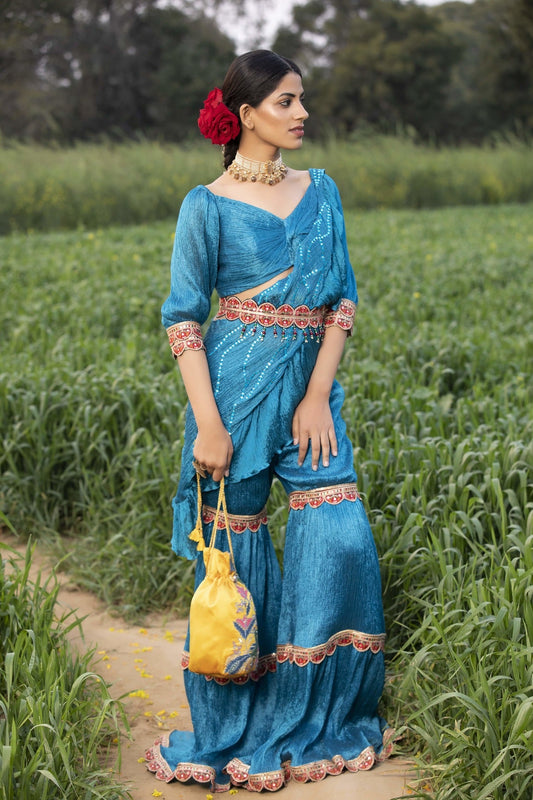 Buy Firozi Hand-Crushed & Pleated Sharara Set