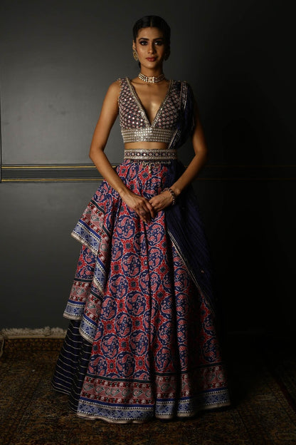 Buy Midnight Blue Printed Layered Lehenga Set 