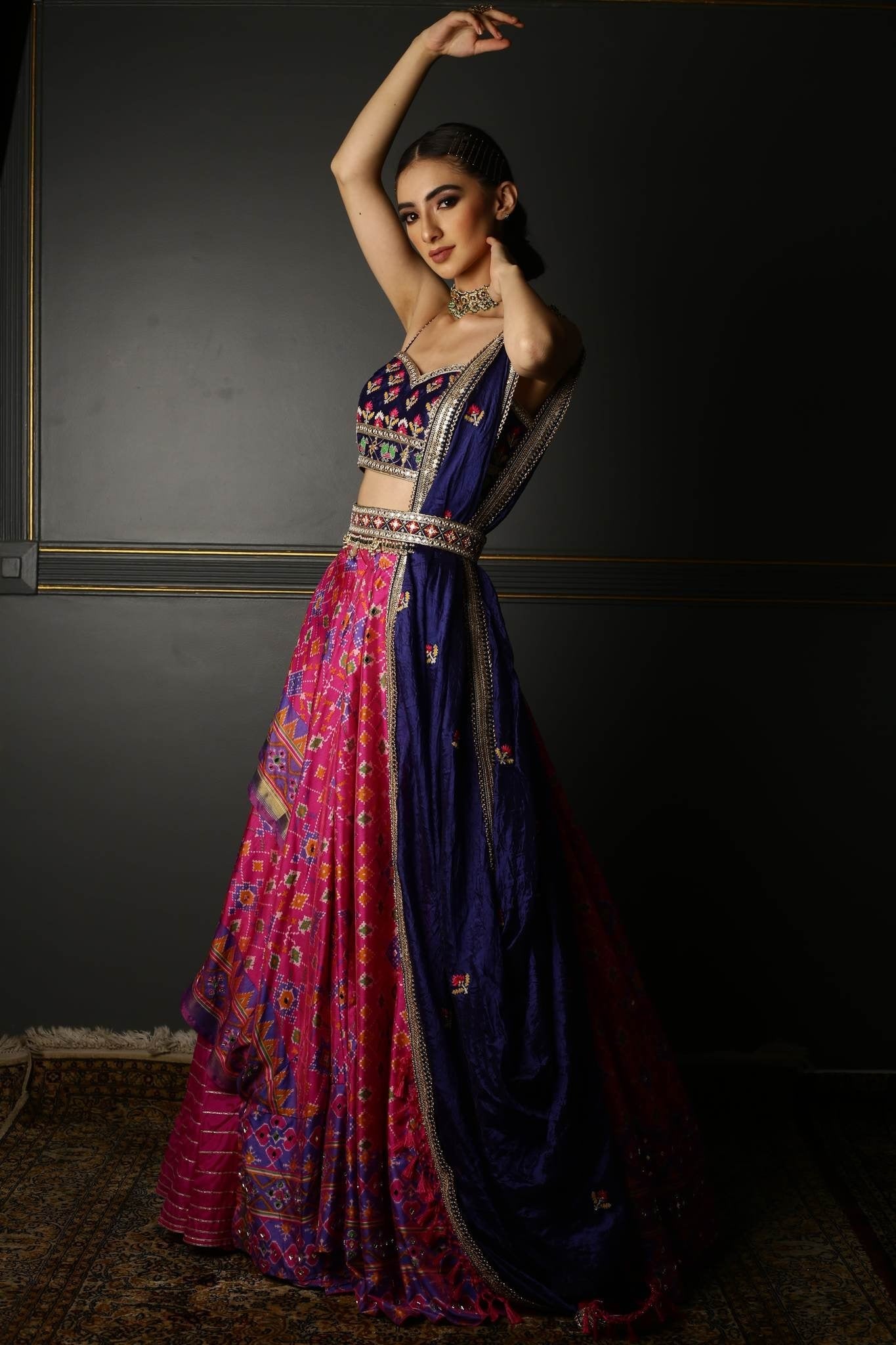 Buy Hot Pink Printed Patola Layered Lehenga Set