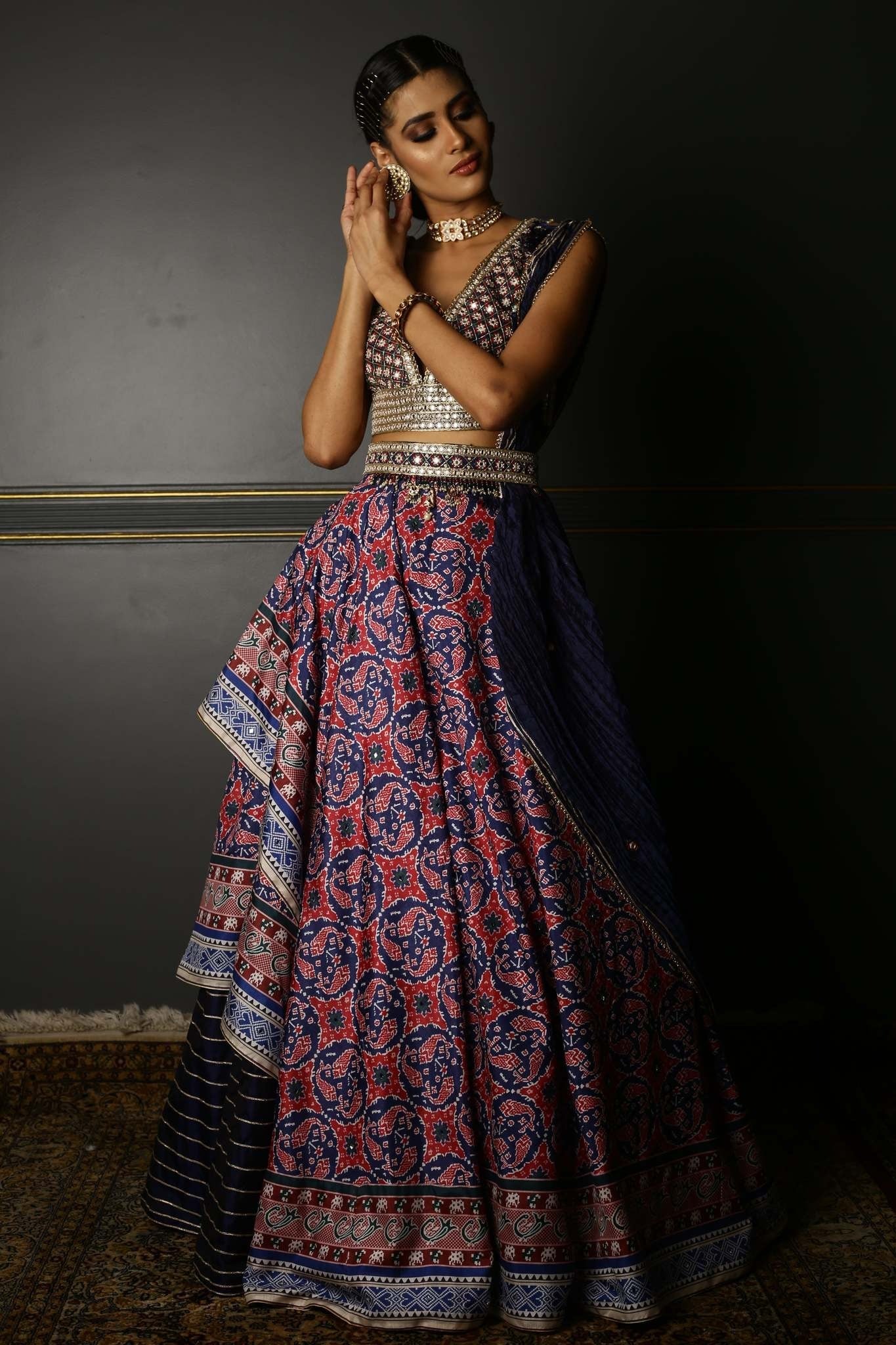 Blue Printed Embroidered Asymmetrical Lehenga