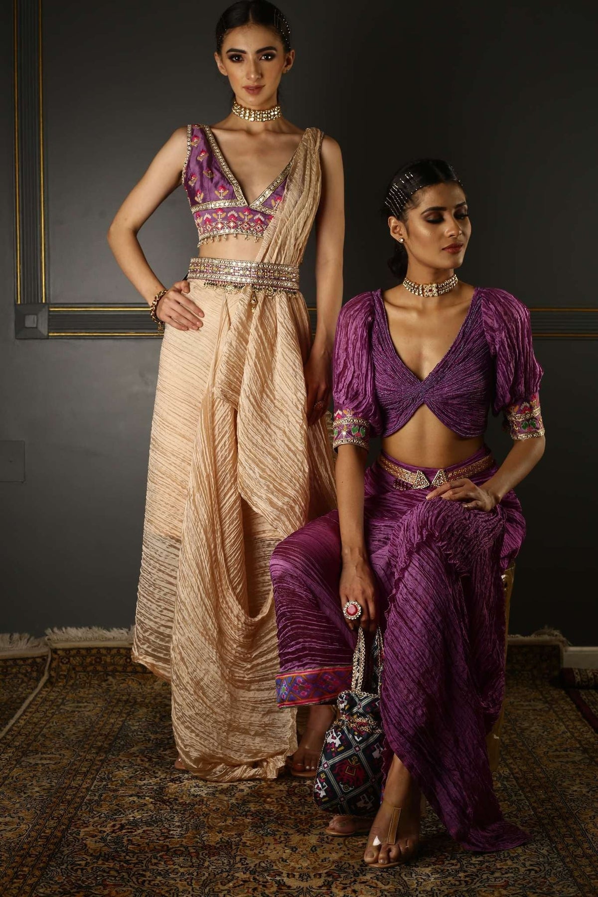 Women's Purple Embroidered Pleated Draped Set