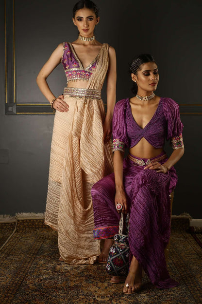 Women's Purple Embroidered Pleated Draped Set