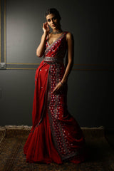 Shop Women's Ruby Red Draped Georgette Saree