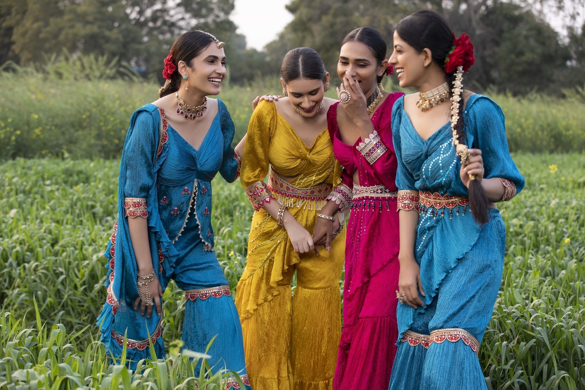 Women's Firozi Crushed Cowl Draped Sharara Set