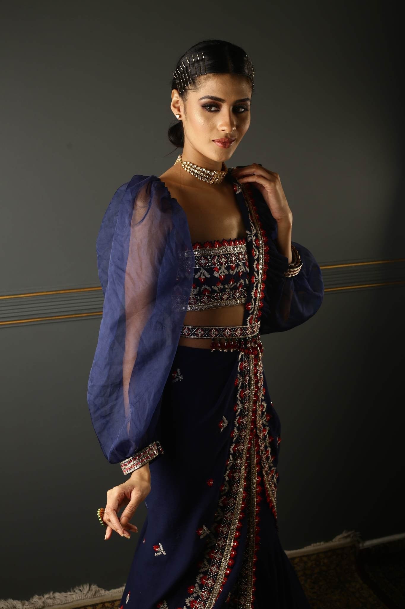 Midnight Blue Georgette Draped Lehenga Set