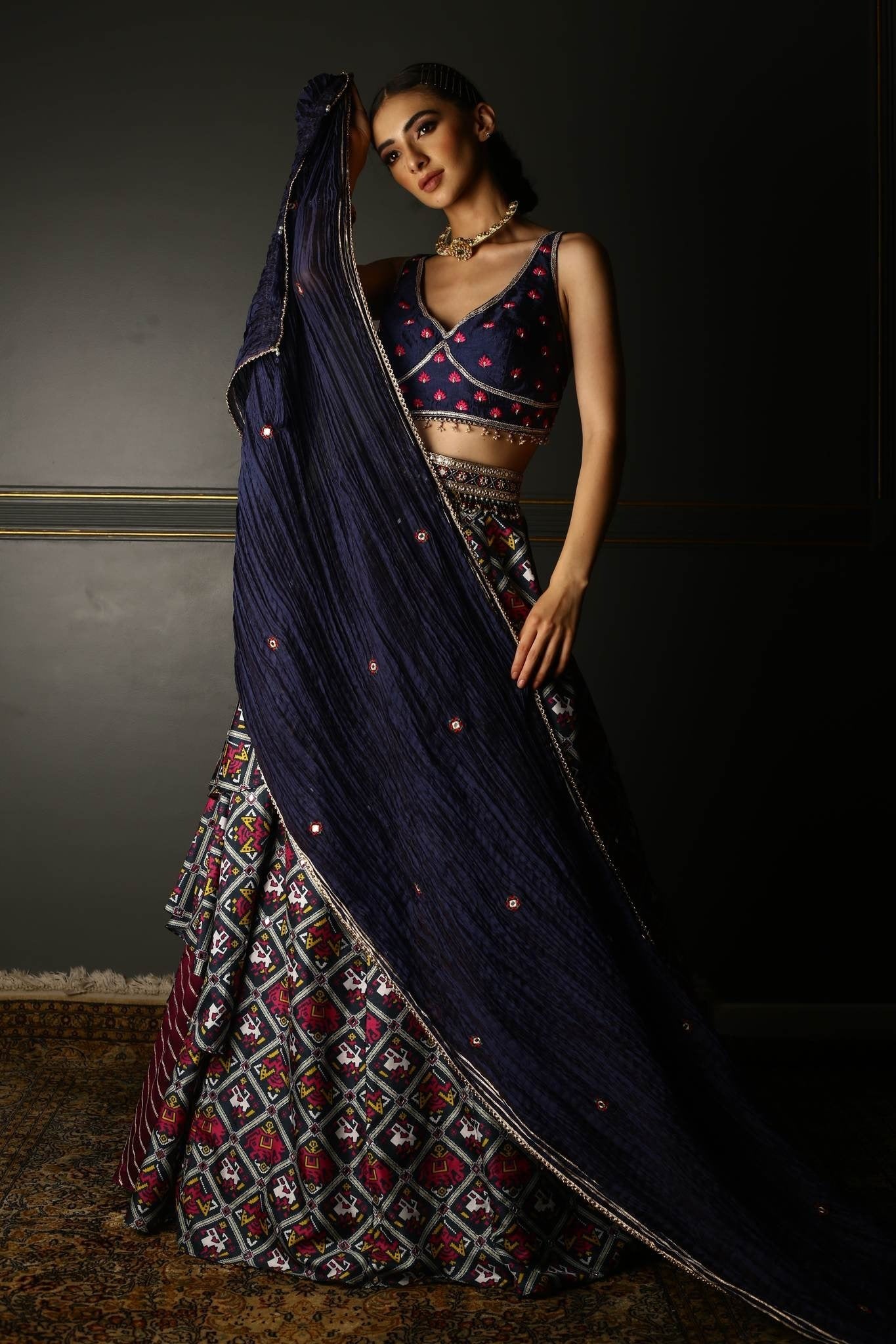 Women's Midnight Blue Printed Draped Lehenga