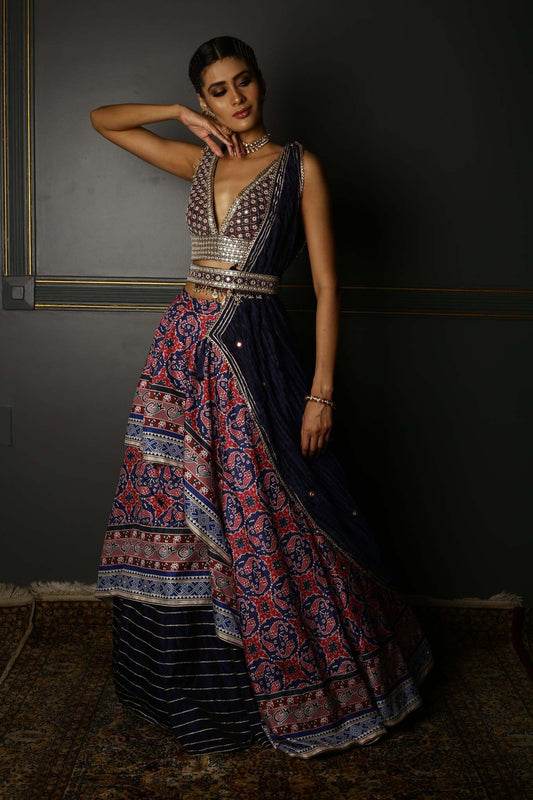 Buy Midnight Blue Printed Layered Lehenga Set 