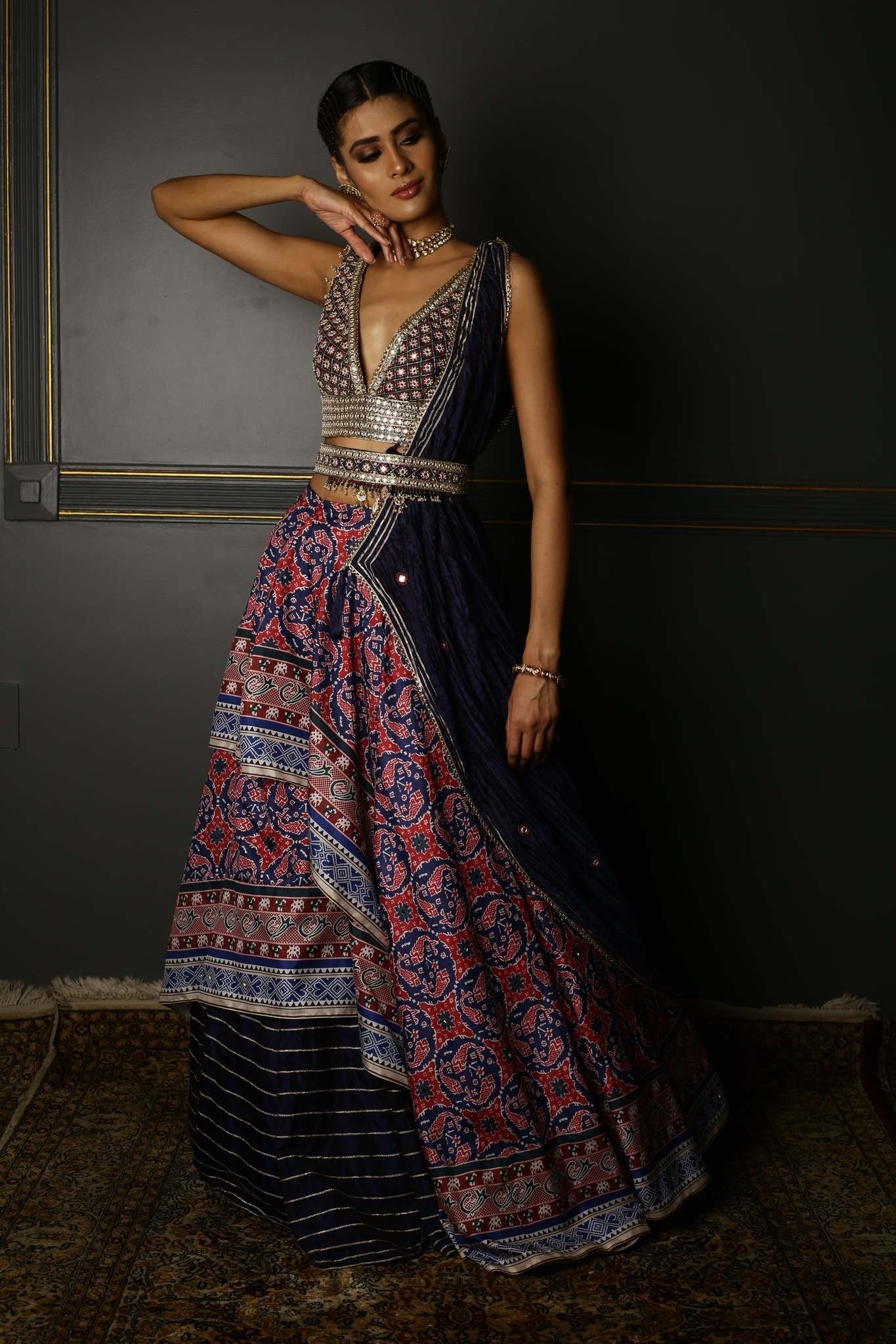 Blue Printed Embroidered Asymmetrical Lehenga