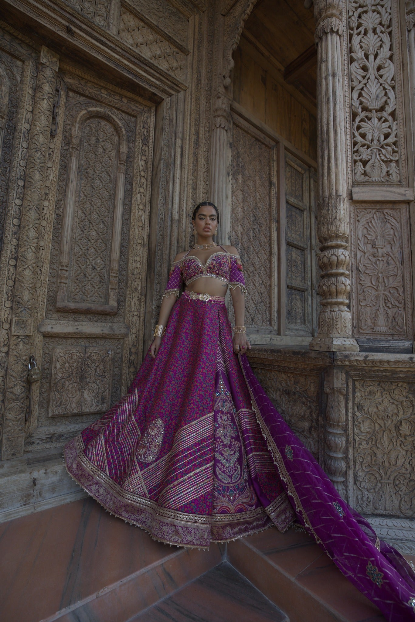 Women's Purple Embroidered Jamawar Lehenga Set