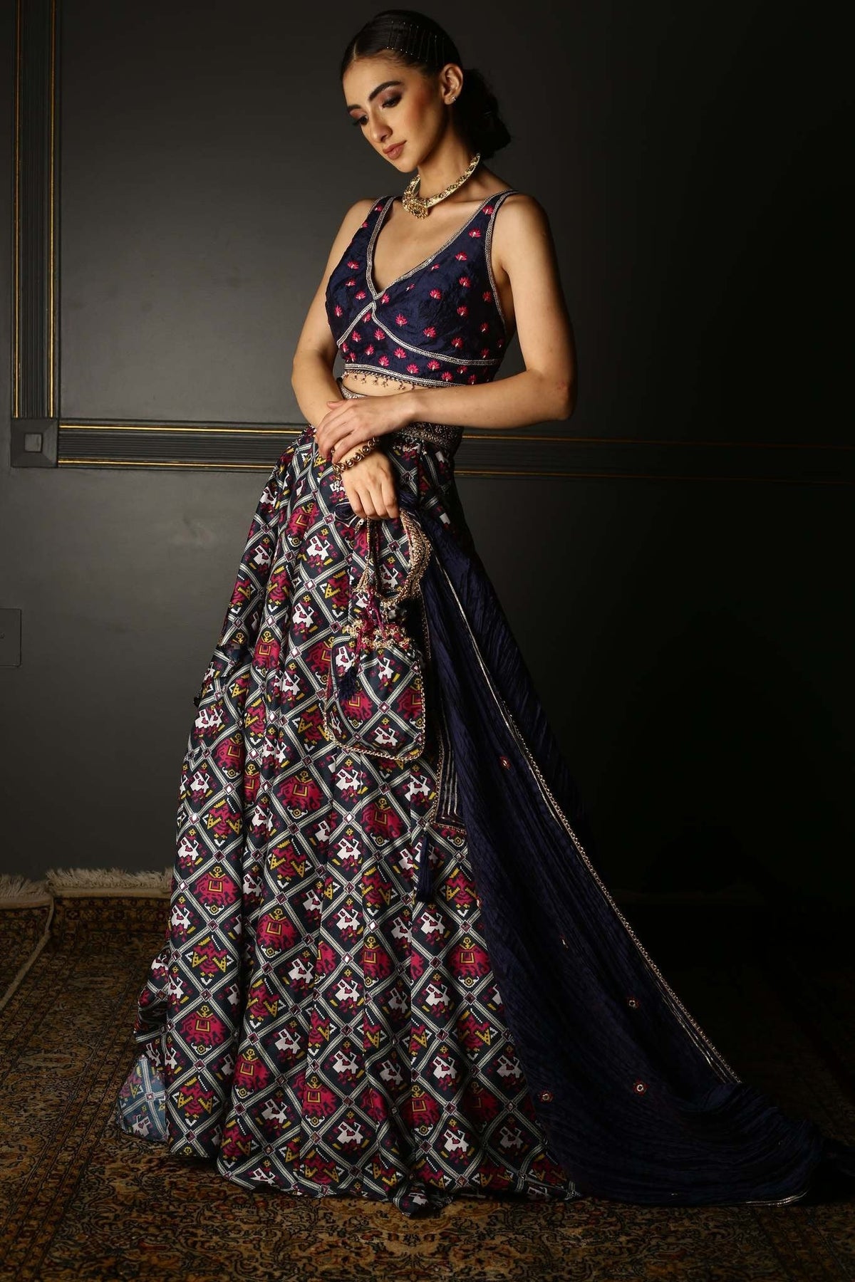 Women's Midnight Blue Printed Draped Lehenga