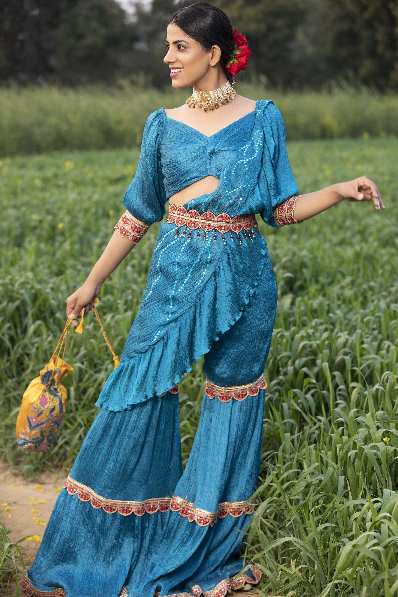 Buy Firozi Hand-Crushed & Pleated Sharara Set