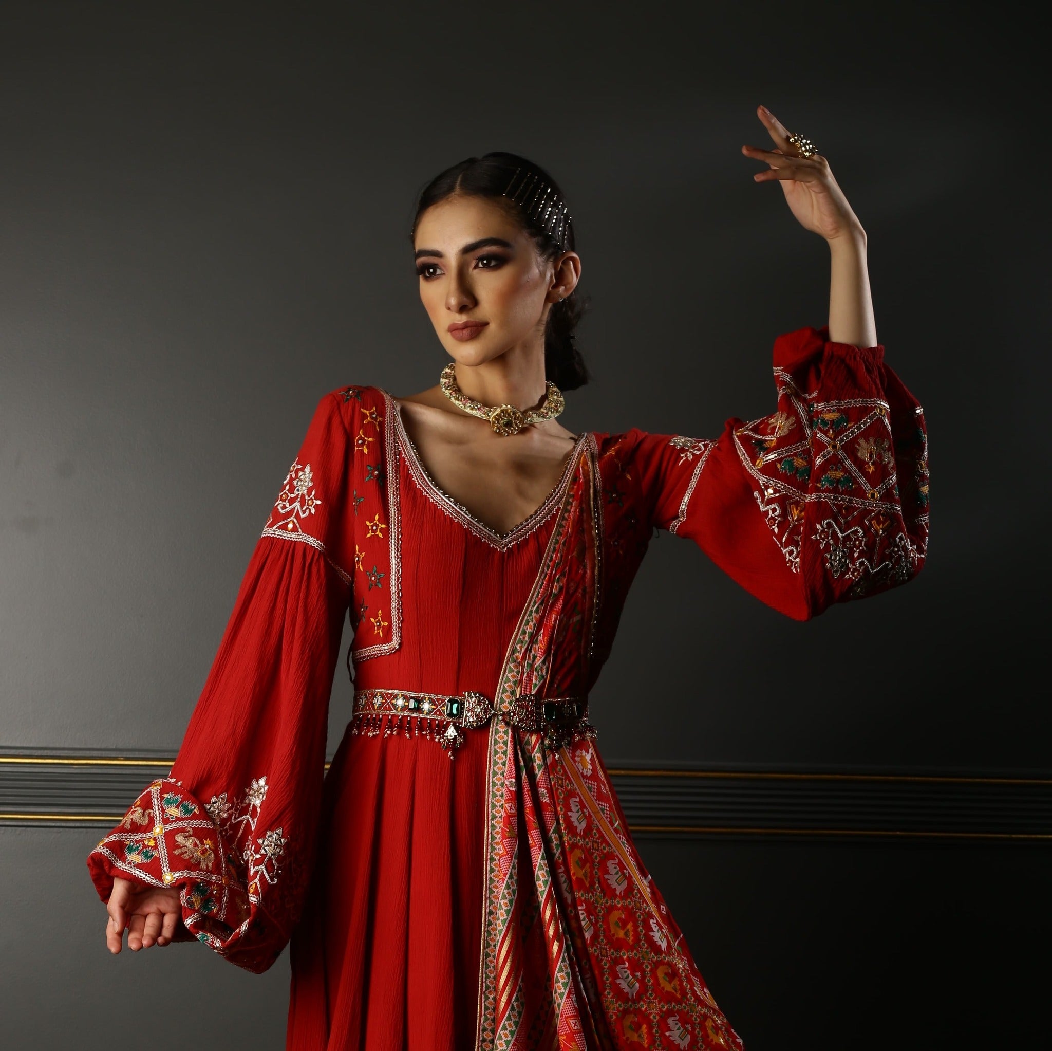Women's Red Embroidered Draped Anarkali Set