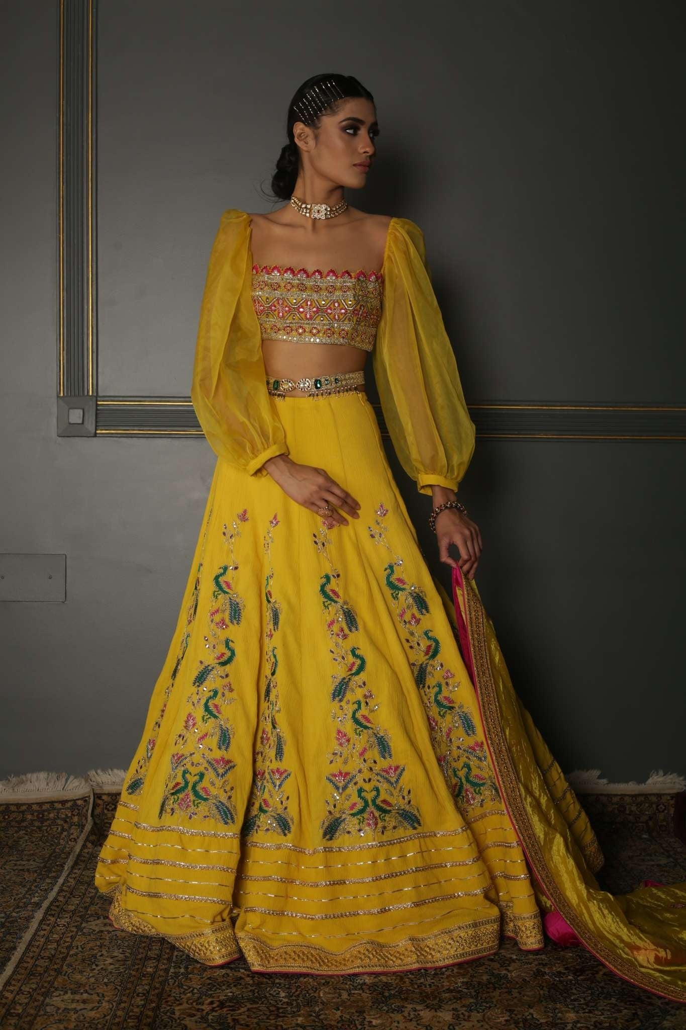Yellow Embroidered Georgette Lehenga Set