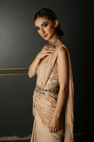 Women's Beige Embroidered Draped Saree Set sideview