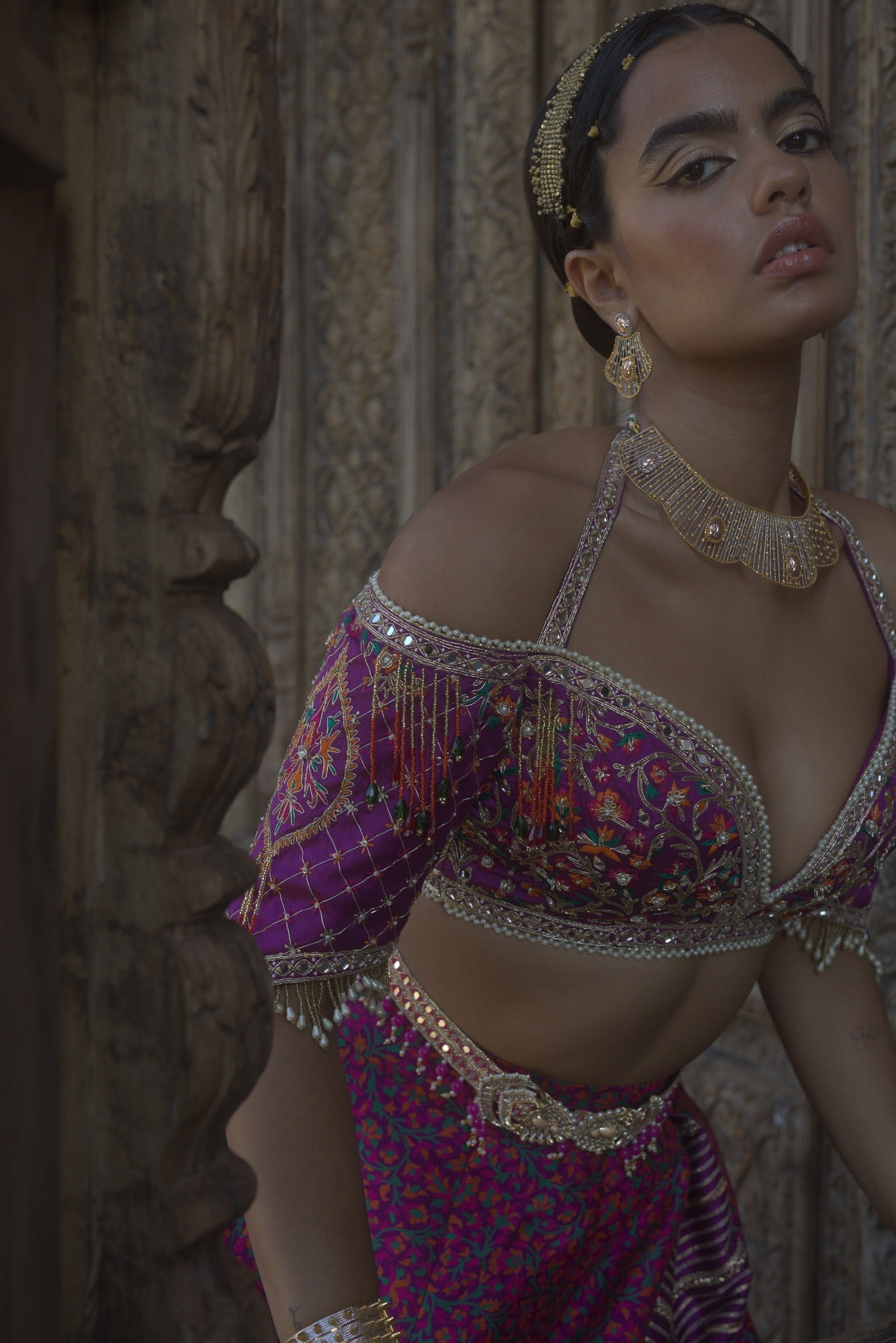 Women's Purple Embroidered Jamawar Lehenga Set