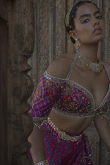 Women's Purple Embroidered Jamawar Lehenga Set