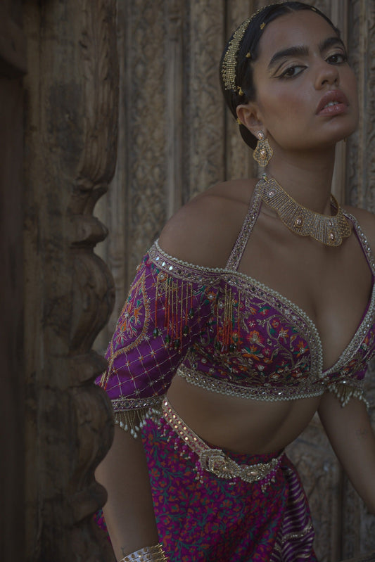 Women's Purple Embroidered Jamawar Lehenga Set