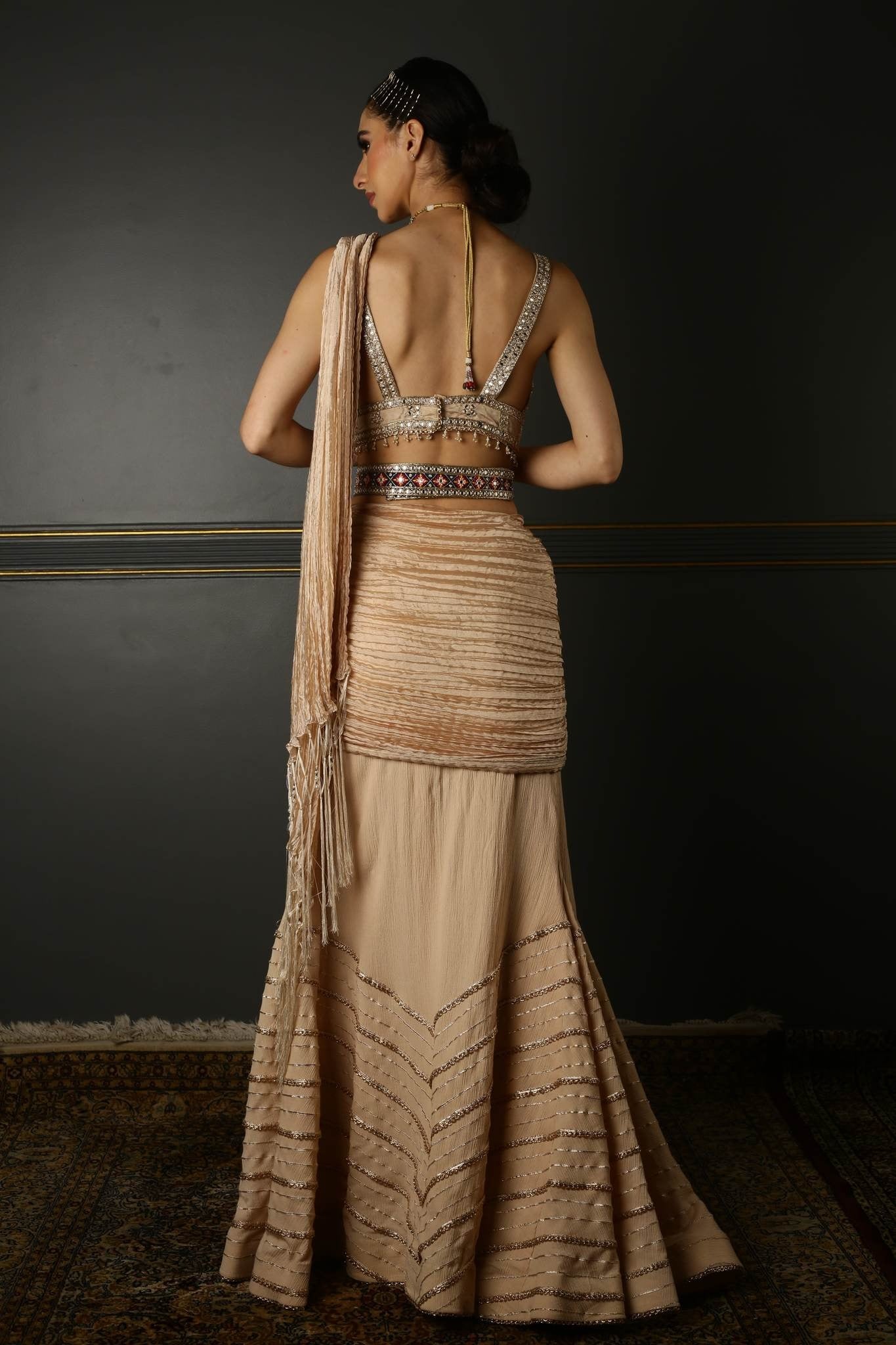 Women's Beige Embroidered Draped Saree Set backview