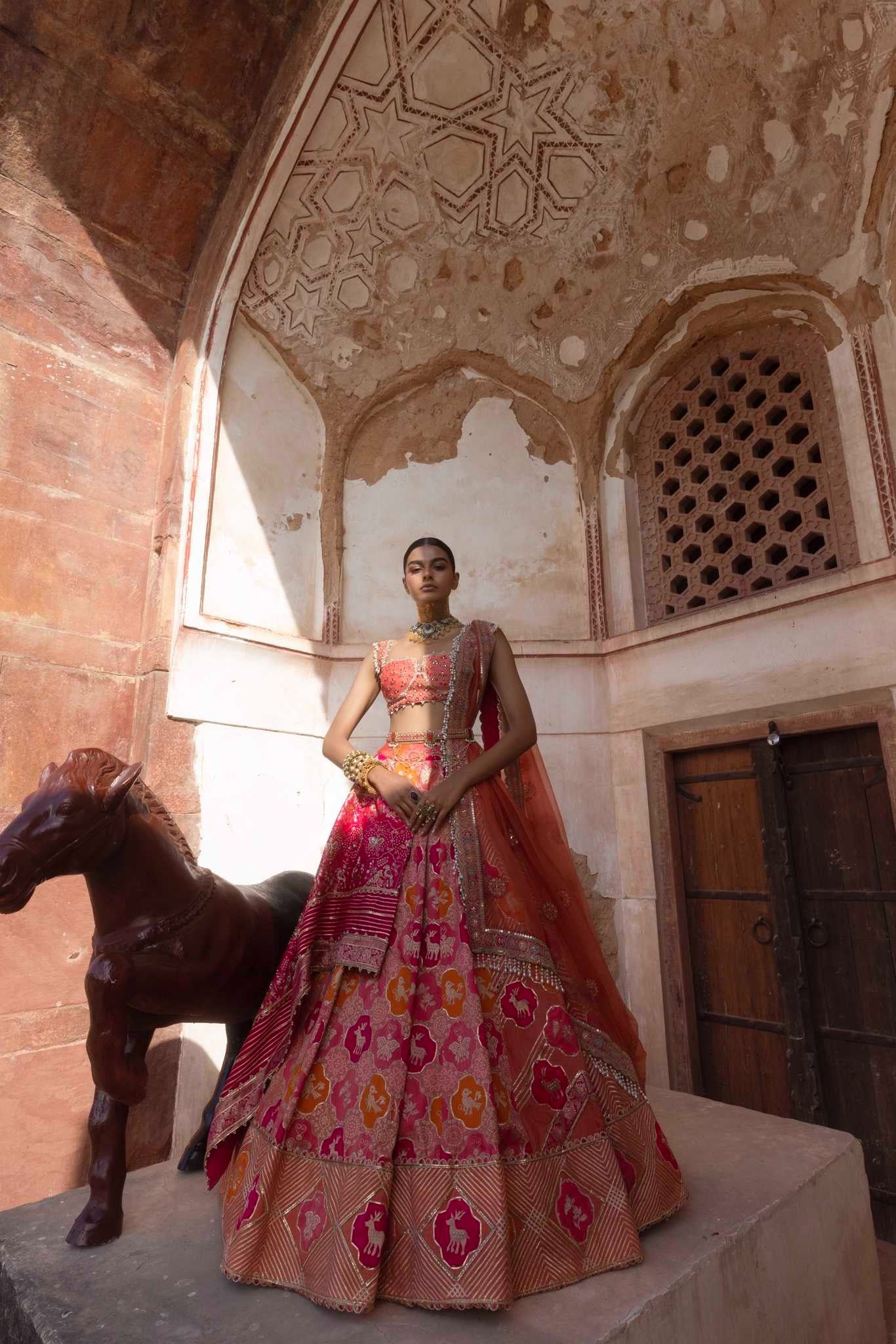 Women's Coral Banarsi Woven Lehenga Set