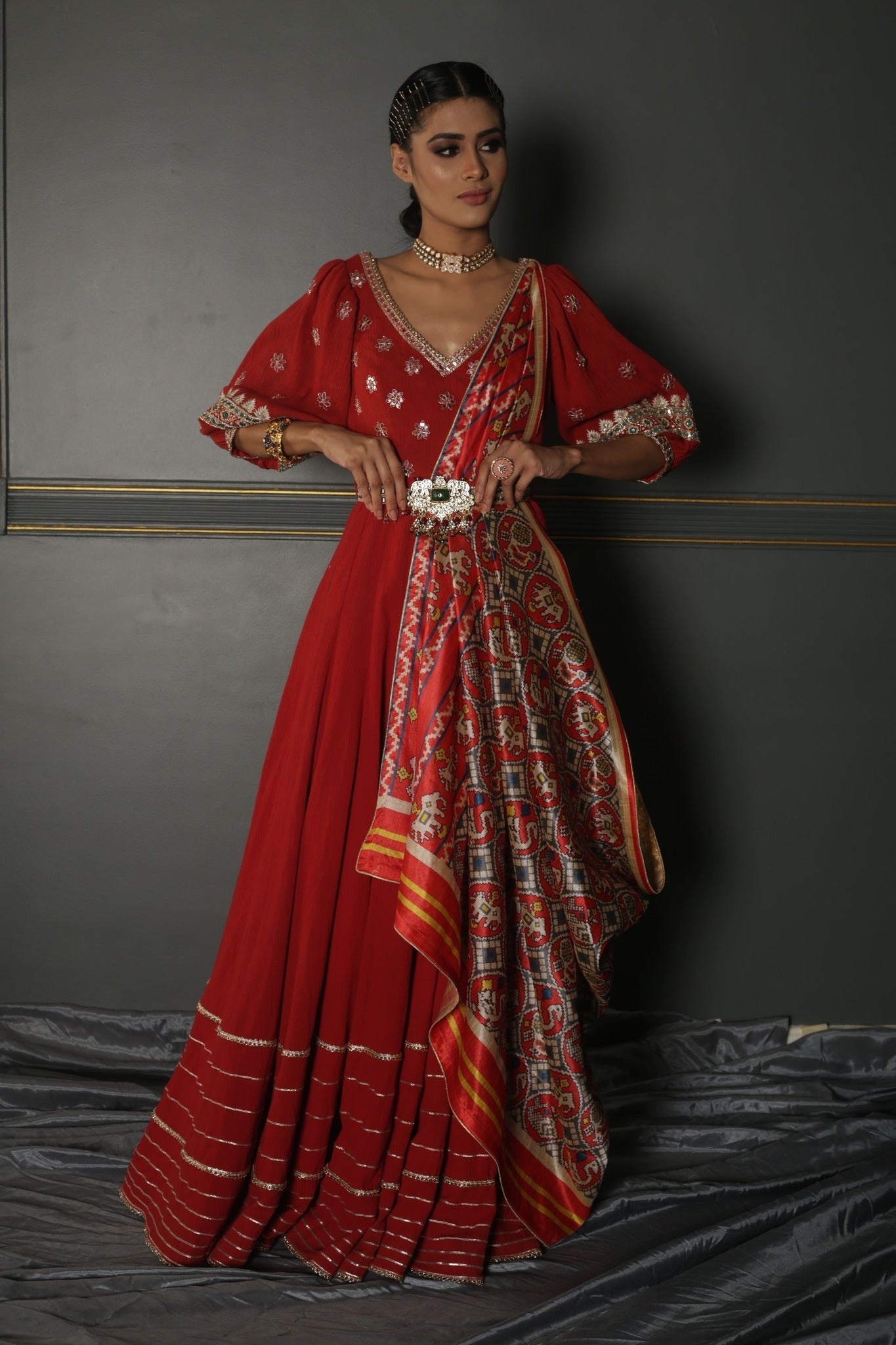 Women's Ruby Red Embroidered Anarkali Set