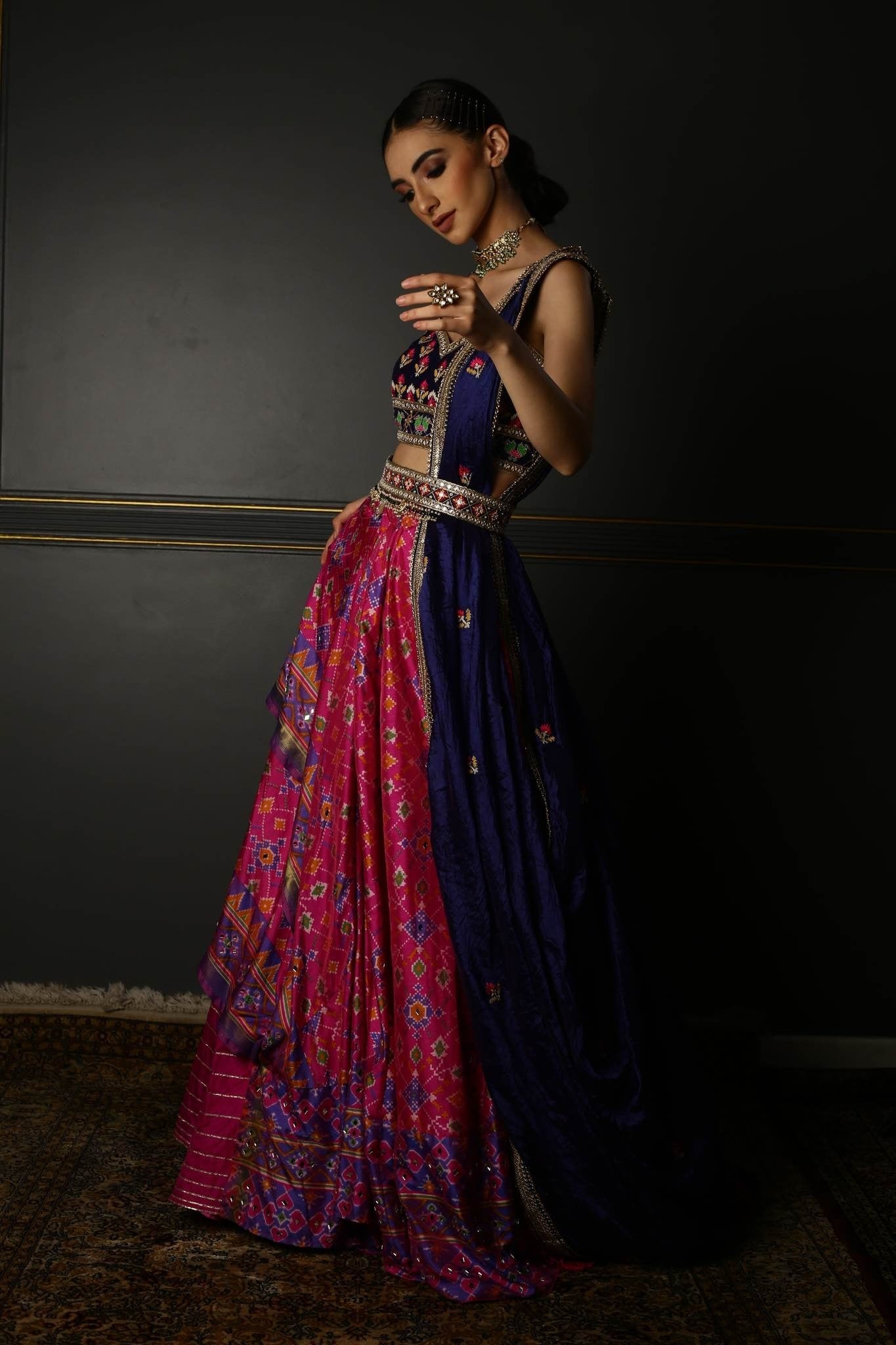 Buy Hot Pink Printed Patola Layered Lehenga Set