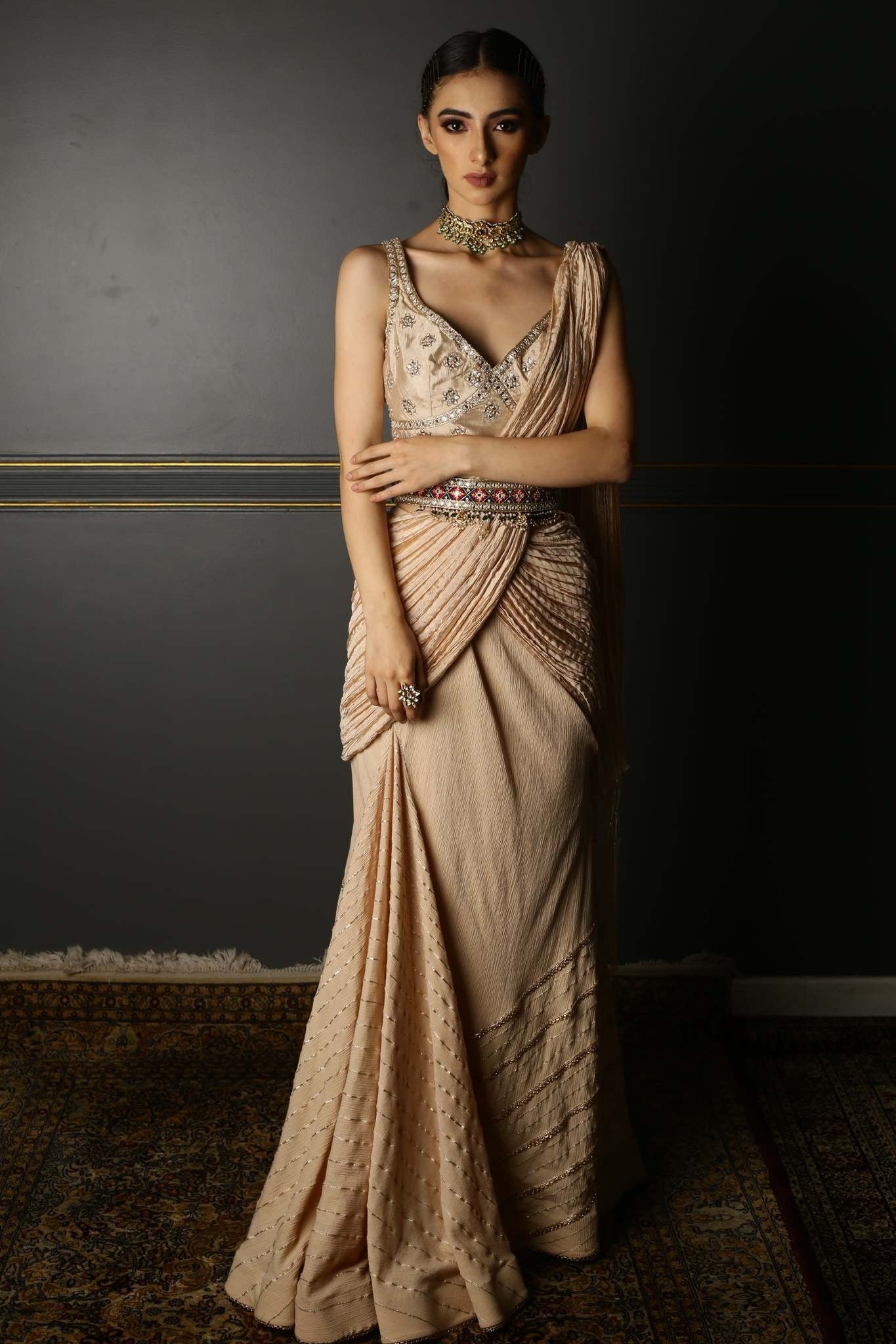 Women's Beige Embroidered Draped Saree Set