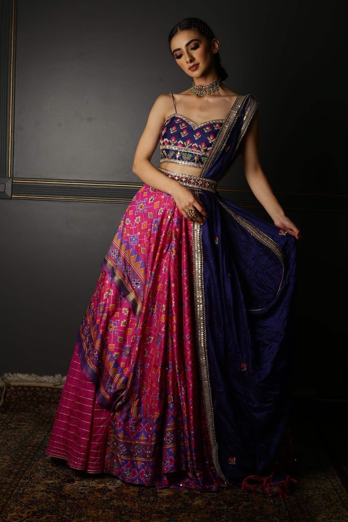 Buy Hot Pink Printed Patola Layered Lehenga Set