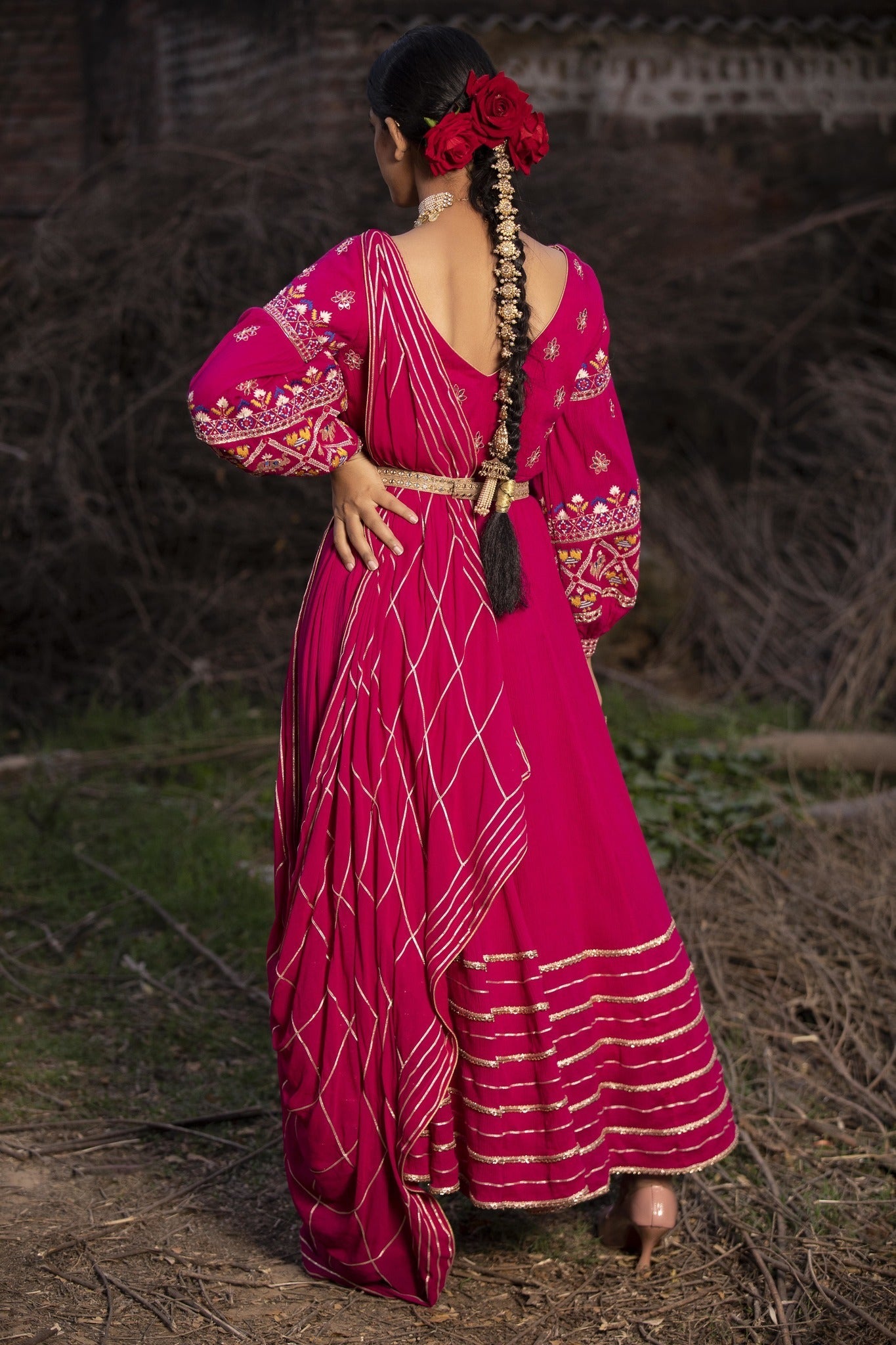 Buy Pink Embroidered Balloon Sleeved Anarkali 