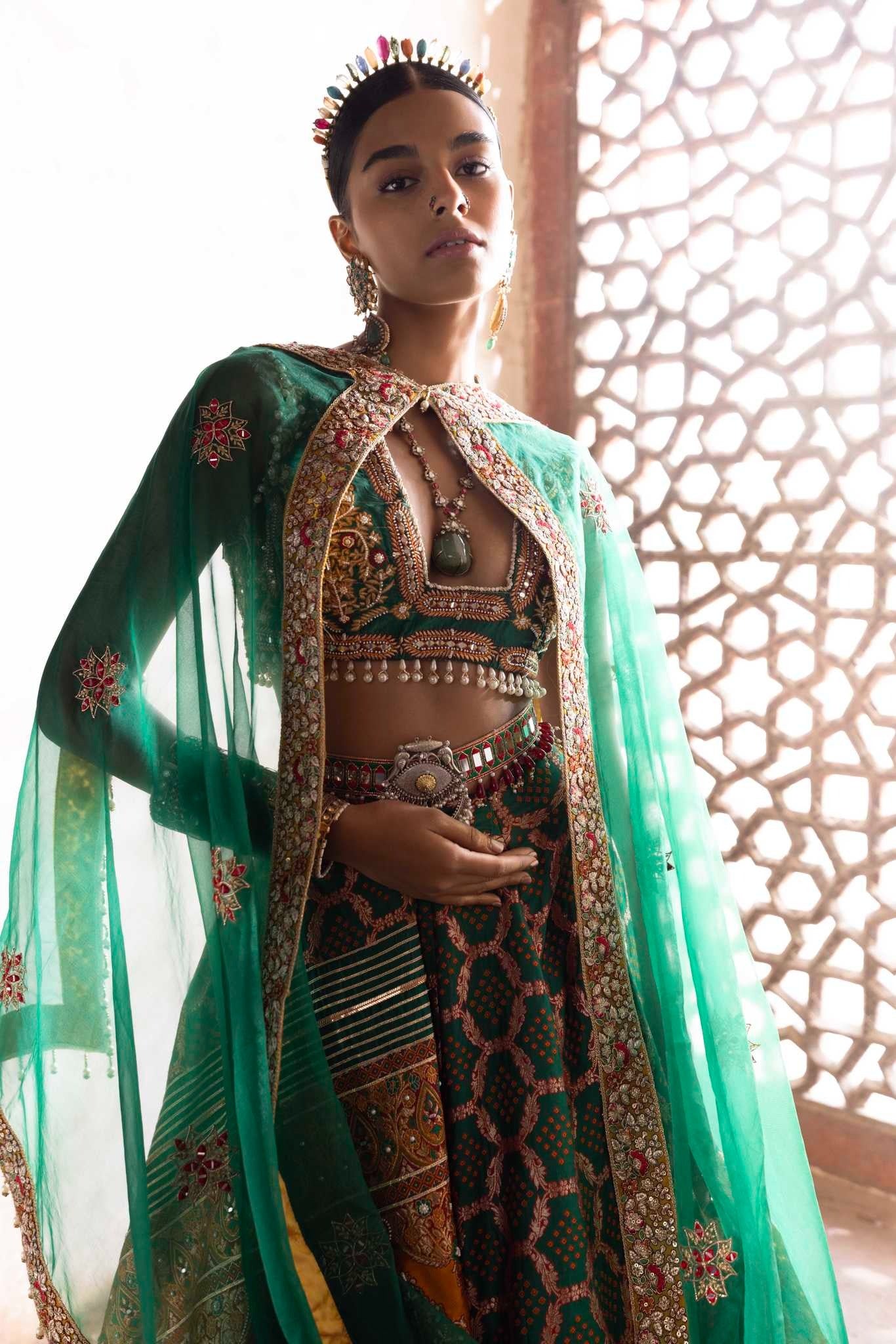 Women's Emerald Green Bandhani Banarasi Lehenga