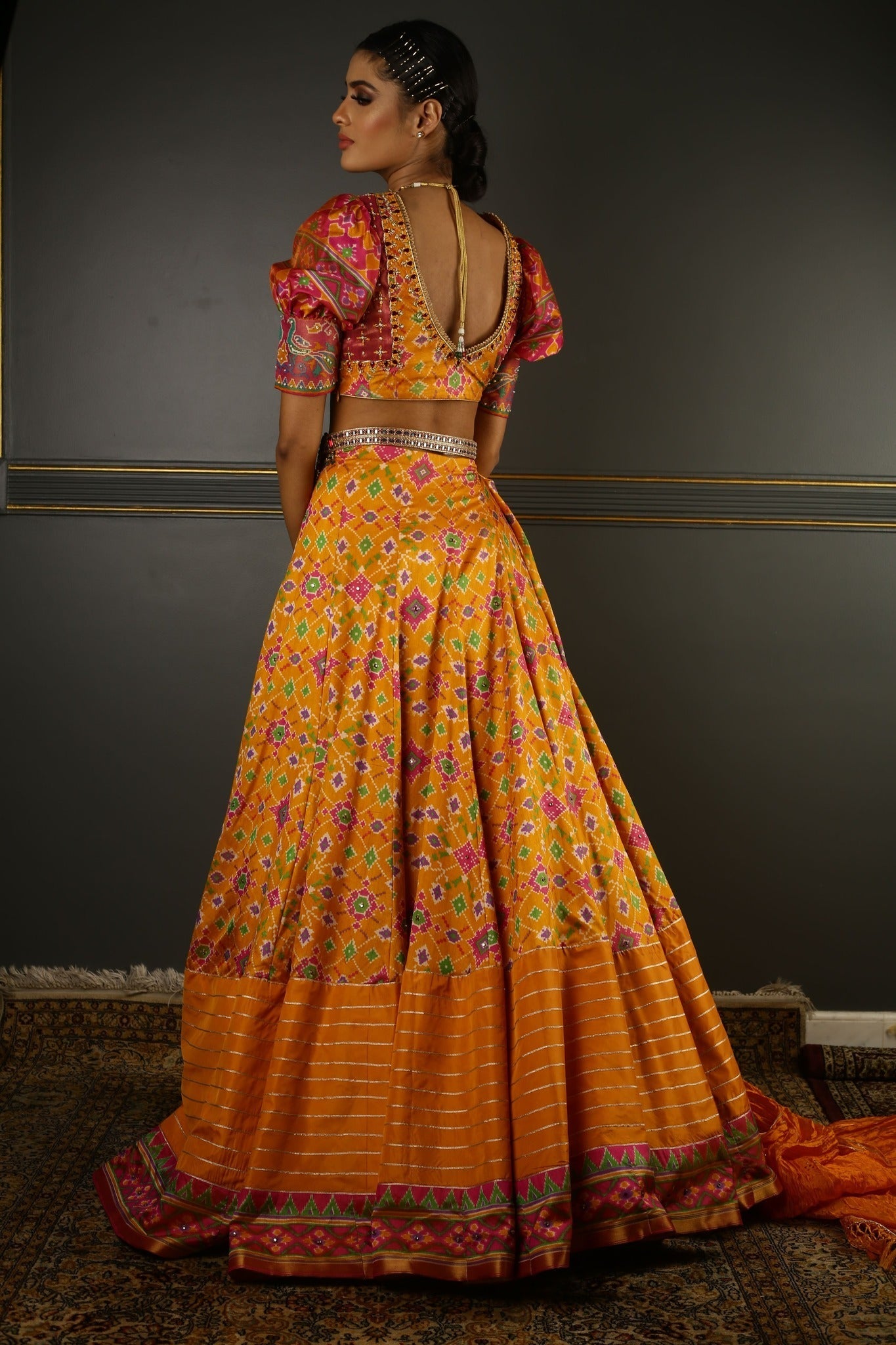 Yellow Printed Embroidered Lehenga Set  backview