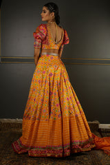 Yellow Printed Embroidered Lehenga Set  backview