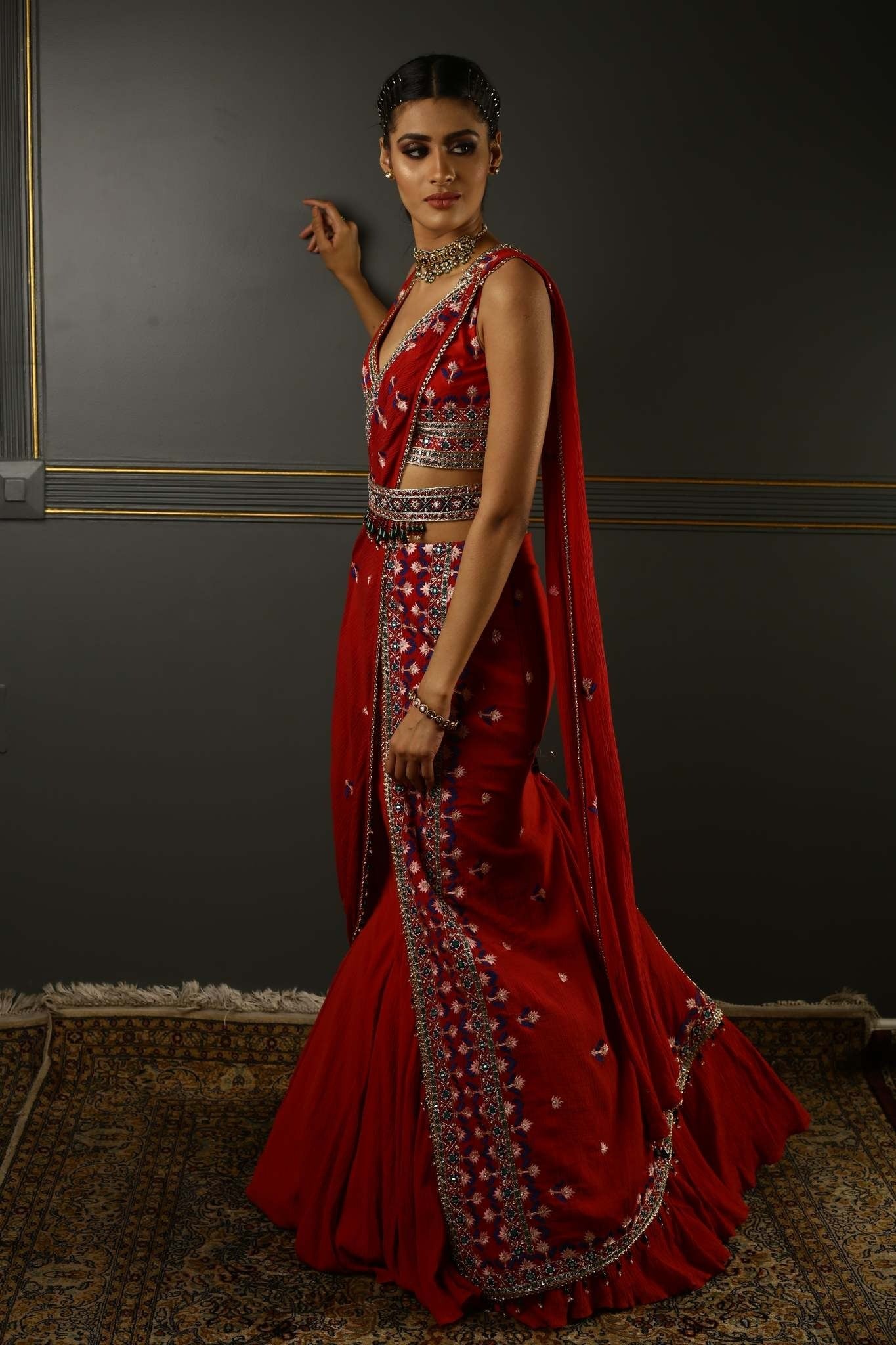 Shop Women's Ruby Red Draped Georgette Saree sideview