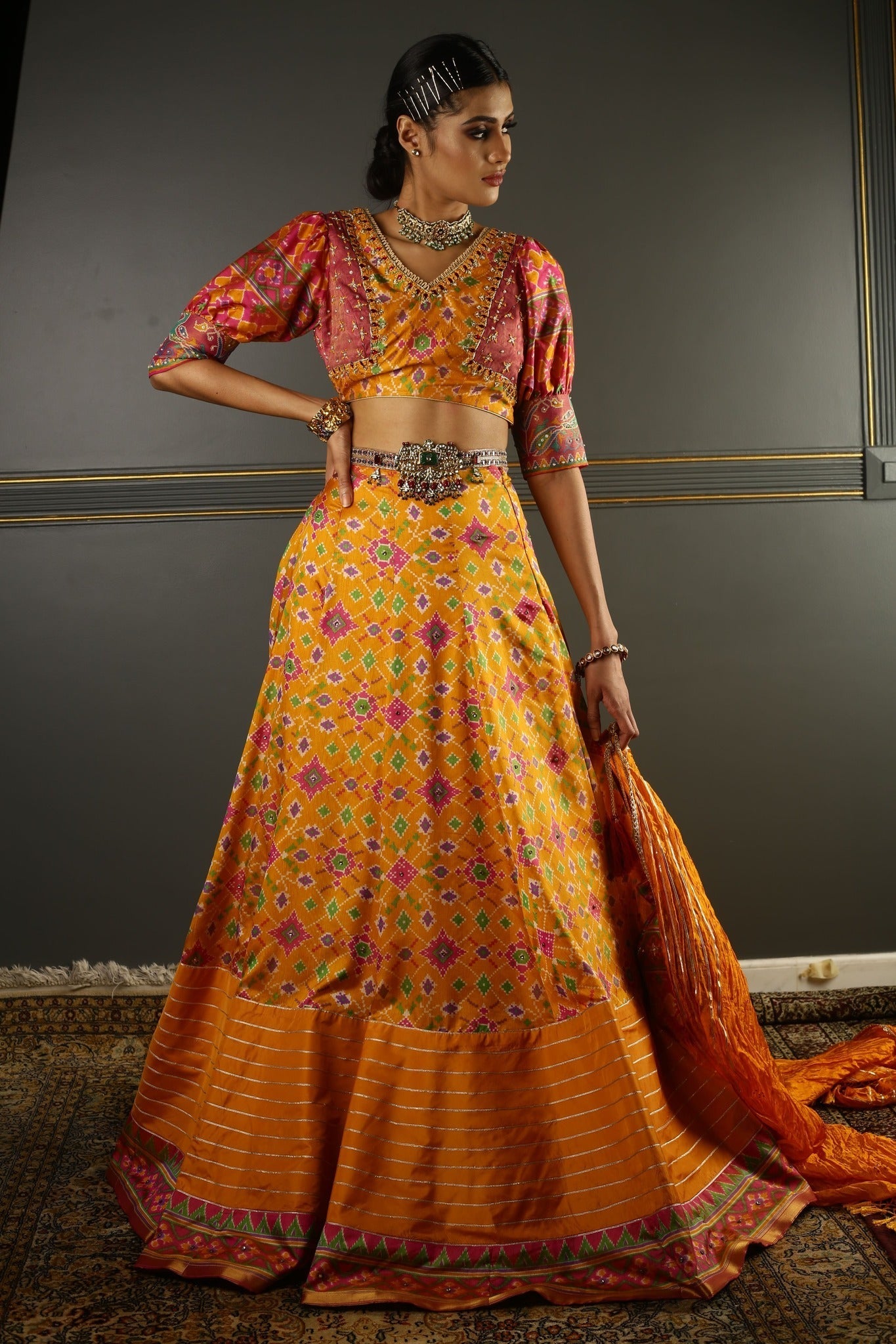 Yellow Printed Embroidered Lehenga Set 