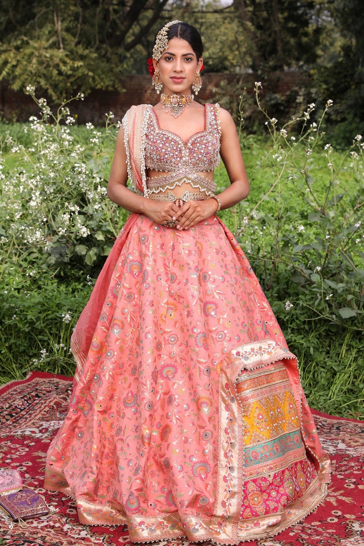 Women's Peach Floral Banarasi Lehenga Set
