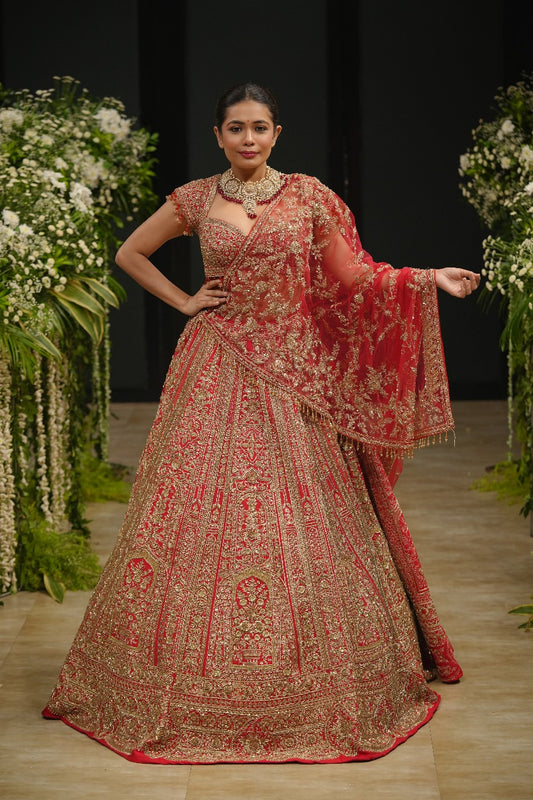Red Raw Silk Zari Hand & Machine Embroidered Lehenga Set