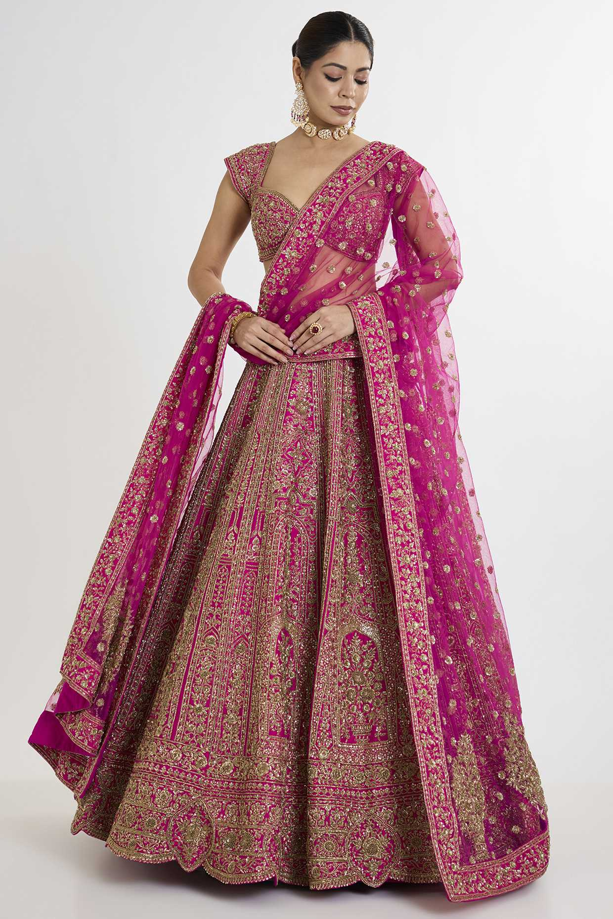 Rani Pink Raw Silk Zari Hand & Machine Embroidered Lehenga Set