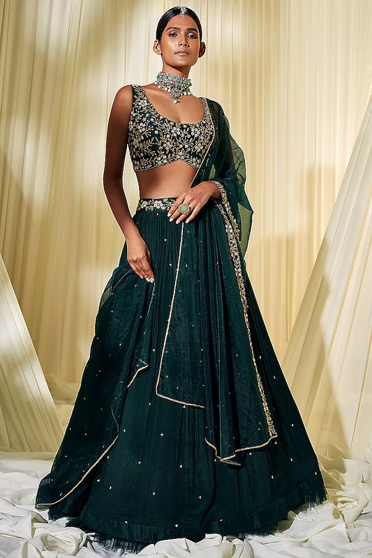 Bottle Green Embroidered Lehenga Set