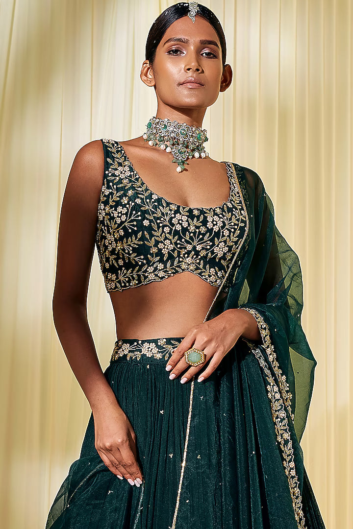 Bottle Green Embroidered Lehenga Set