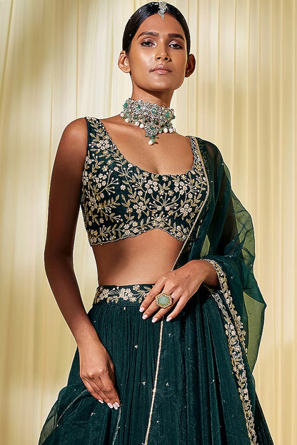 Bottle Green Embroidered Lehenga Set