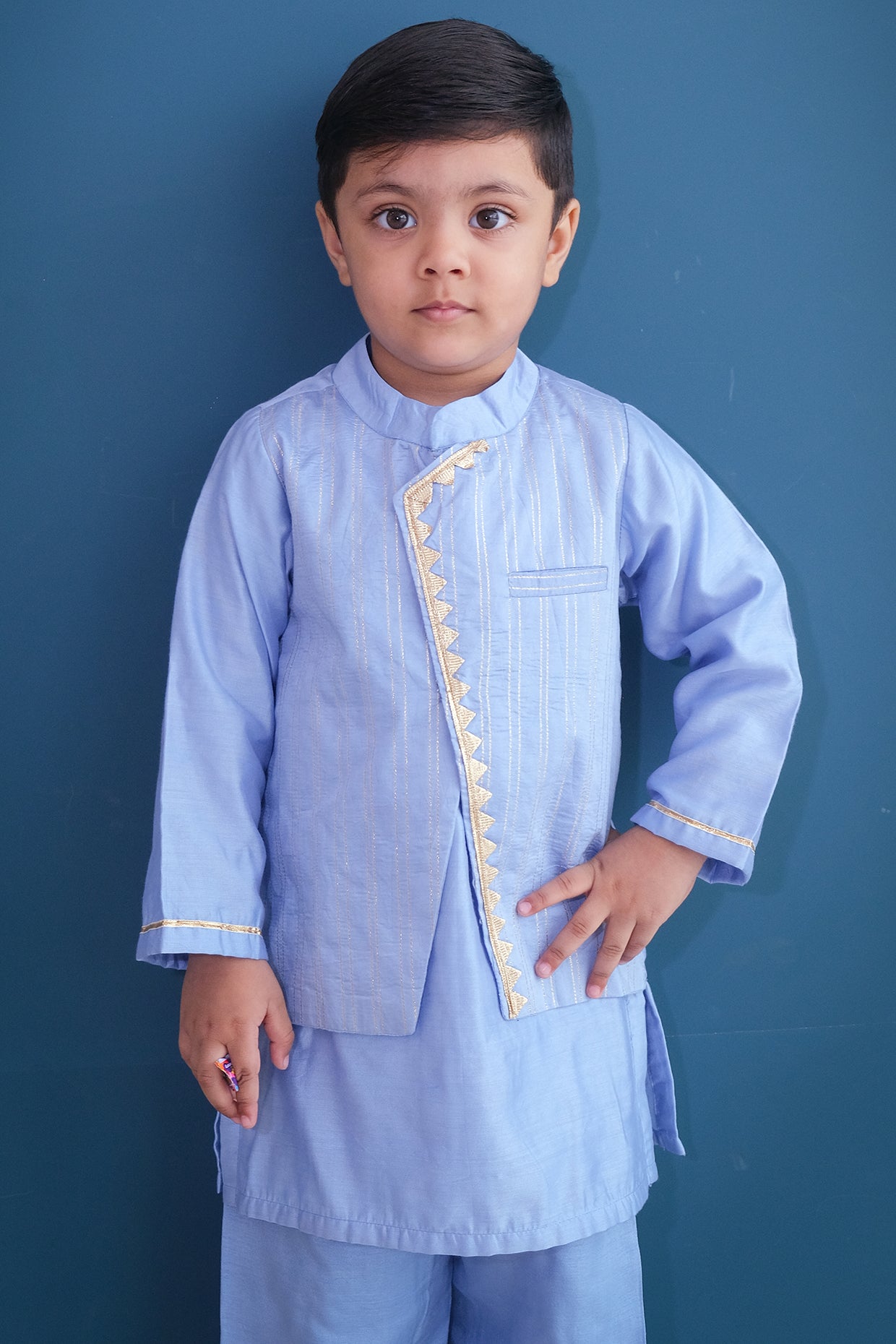 Ice Blue Chanderi Zari Embroidered & Geometric Printed Kurta Set For Boys by Pankhuri by Priyanka - Kids at Pernia's Pop Up Shop