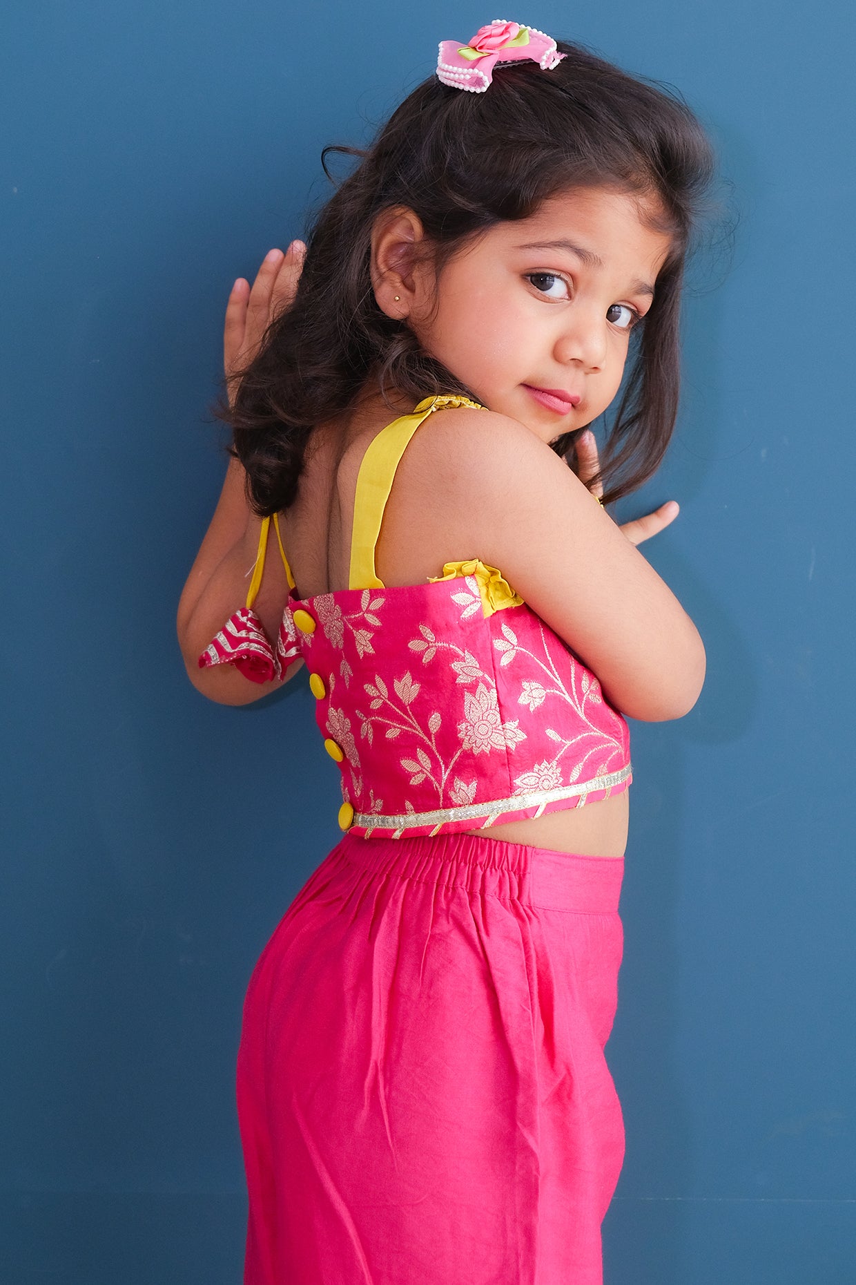 Fuchsia Zari Chanderi Blend Embroidered Palazzo Pant Set For Girls by Pankhuri by Priyanka - Kids at Pernia's Pop Up Shop