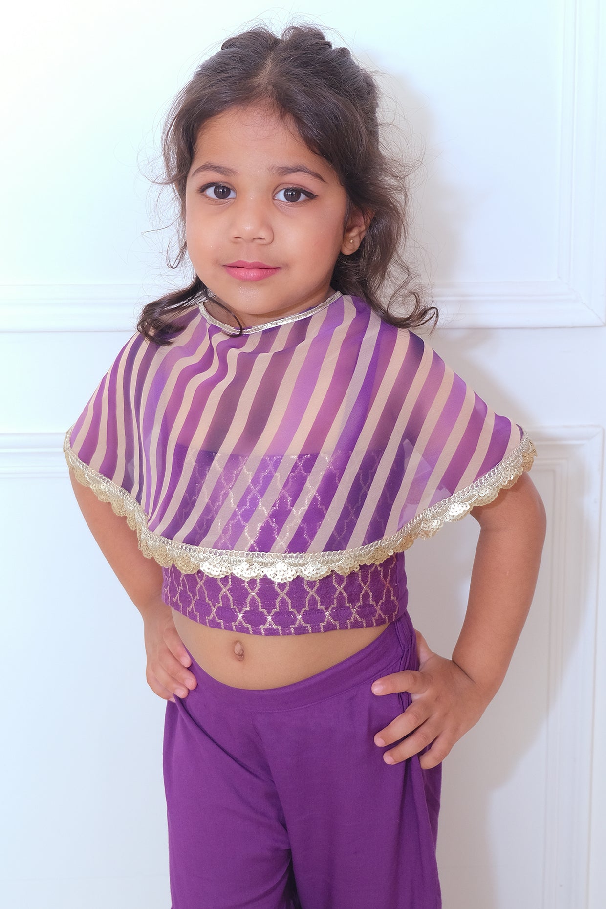 Mauve Chanderi Blend & Modal Printed Cape Set For Girls by Pankhuri by Priyanka - Kids at Pernia's Pop Up Shop
