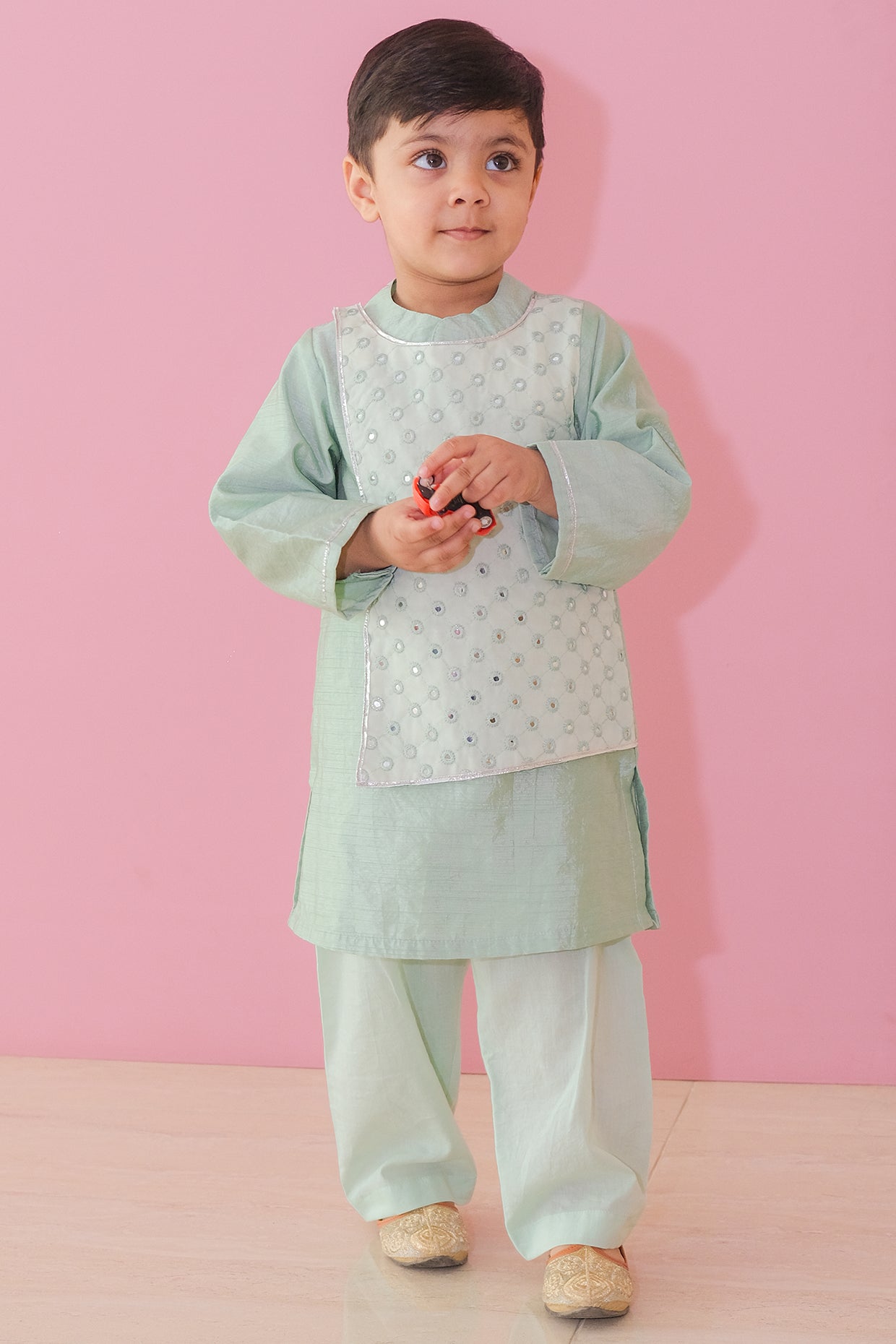 Green Silk Blend Embroidered Kurta Set For Boys by Pankhuri by Priyanka - Kids at Pernia's Pop Up Shop