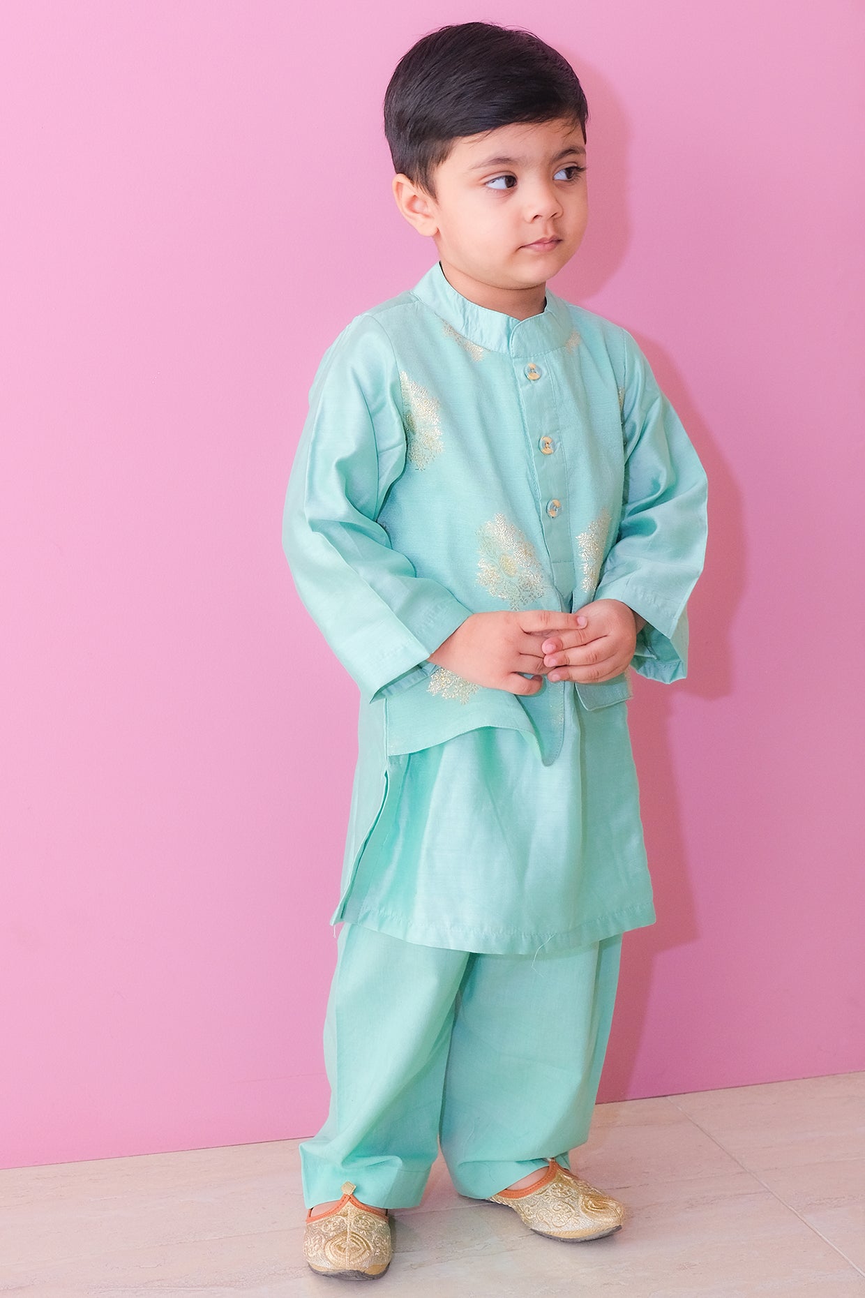 Green Chanderi Blend Embroidered Kurta Set For Boys by Pankhuri by Priyanka - Kids at Pernia's Pop Up Shop